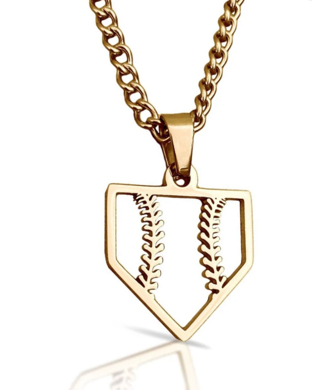 Home Plate Pendant Necklace - 14K Gold Plated Stainless Steel