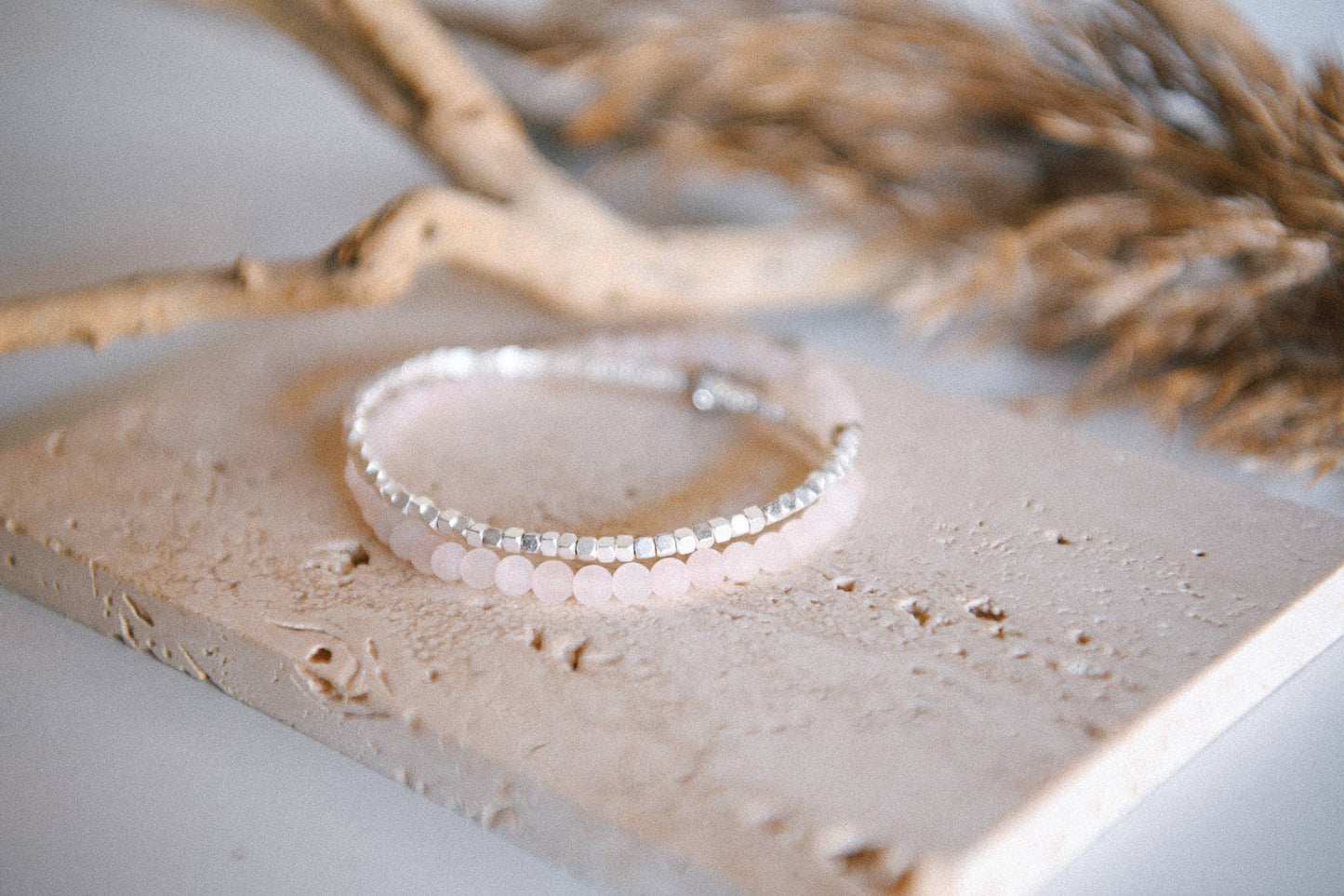 Gemstone Double Wrap Silver Beaded Bracelet