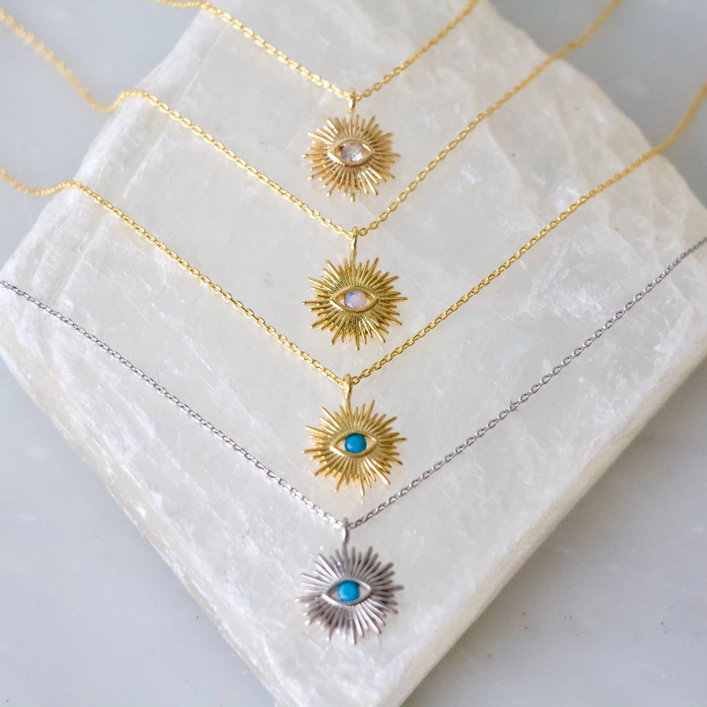 Sun Evil Eye Necklace - Opalite, Turquoise, Zircon