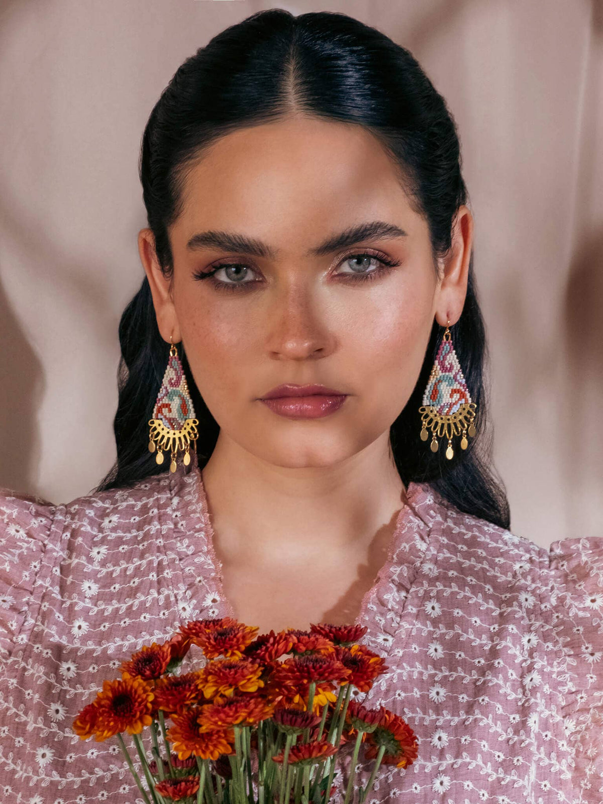 Beaded Handwoven Paisley Drop Earring (Pink)