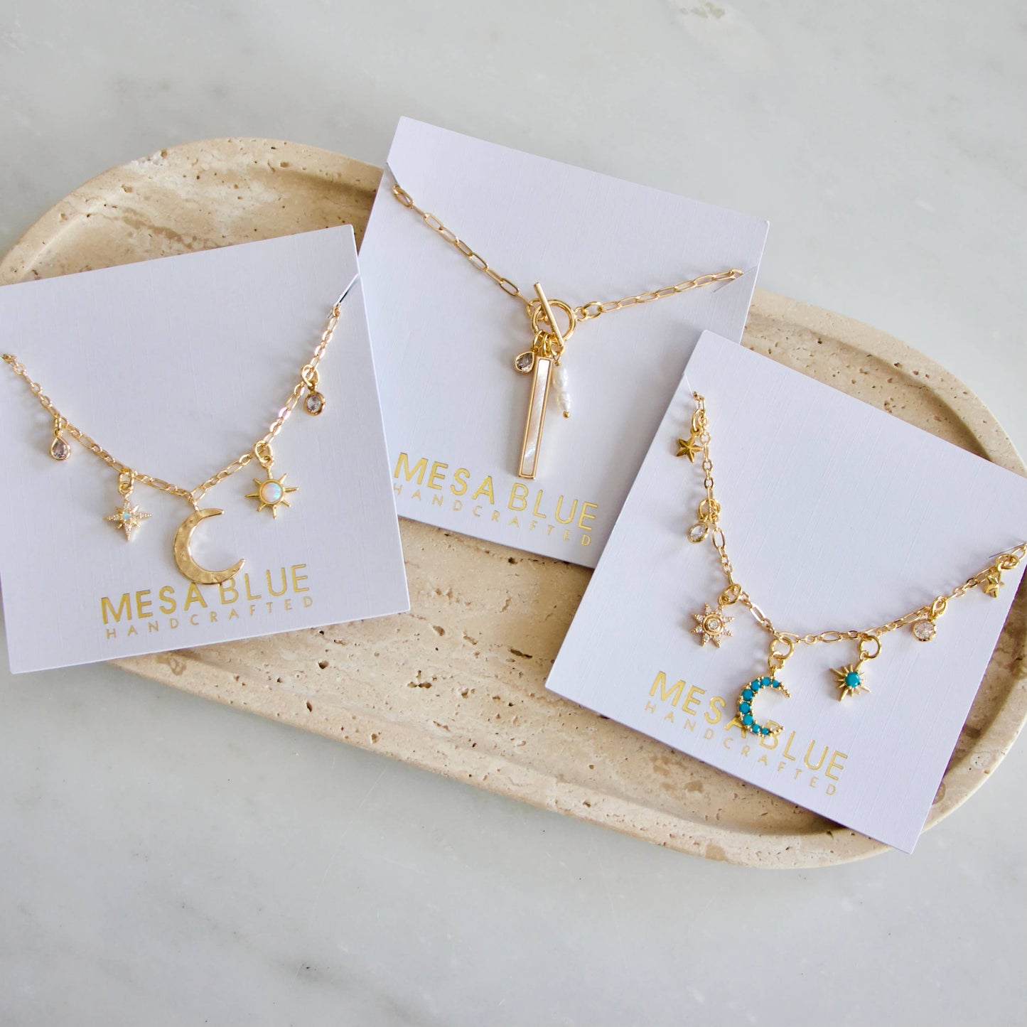 CZ, Turquoise, Celestial Charm Necklace - Sun, Moon, Stars
