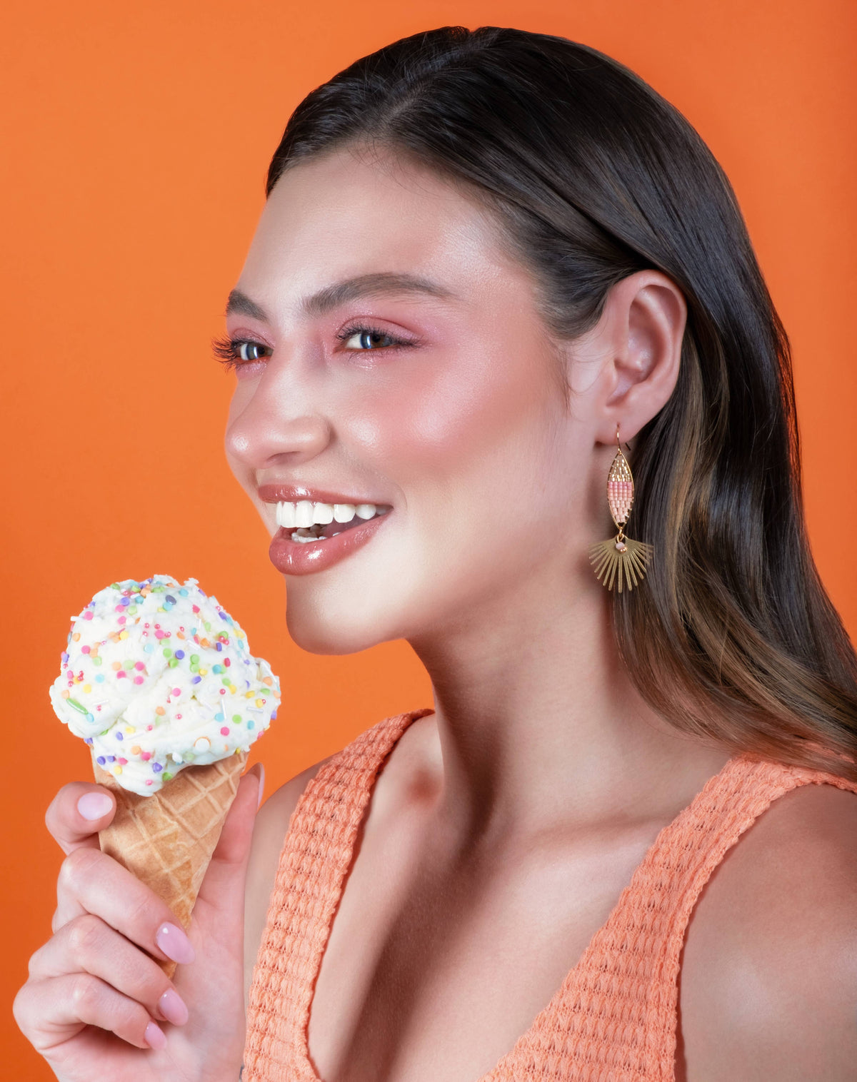 Beaded Handwoven Cotton Candy Dangle Earrings (Peach)