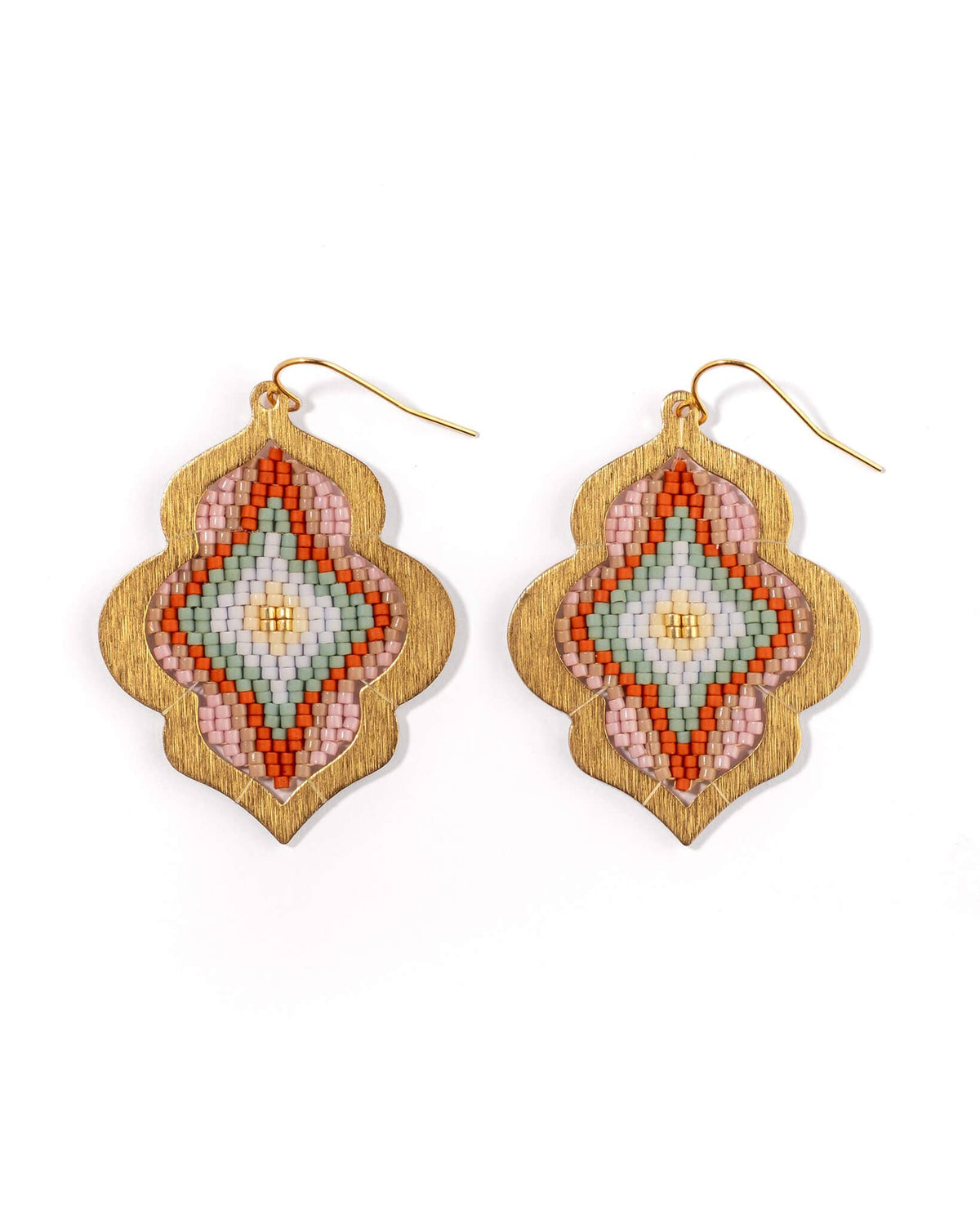Beaded Handwoven Window Drop Earring (Green/Pink)