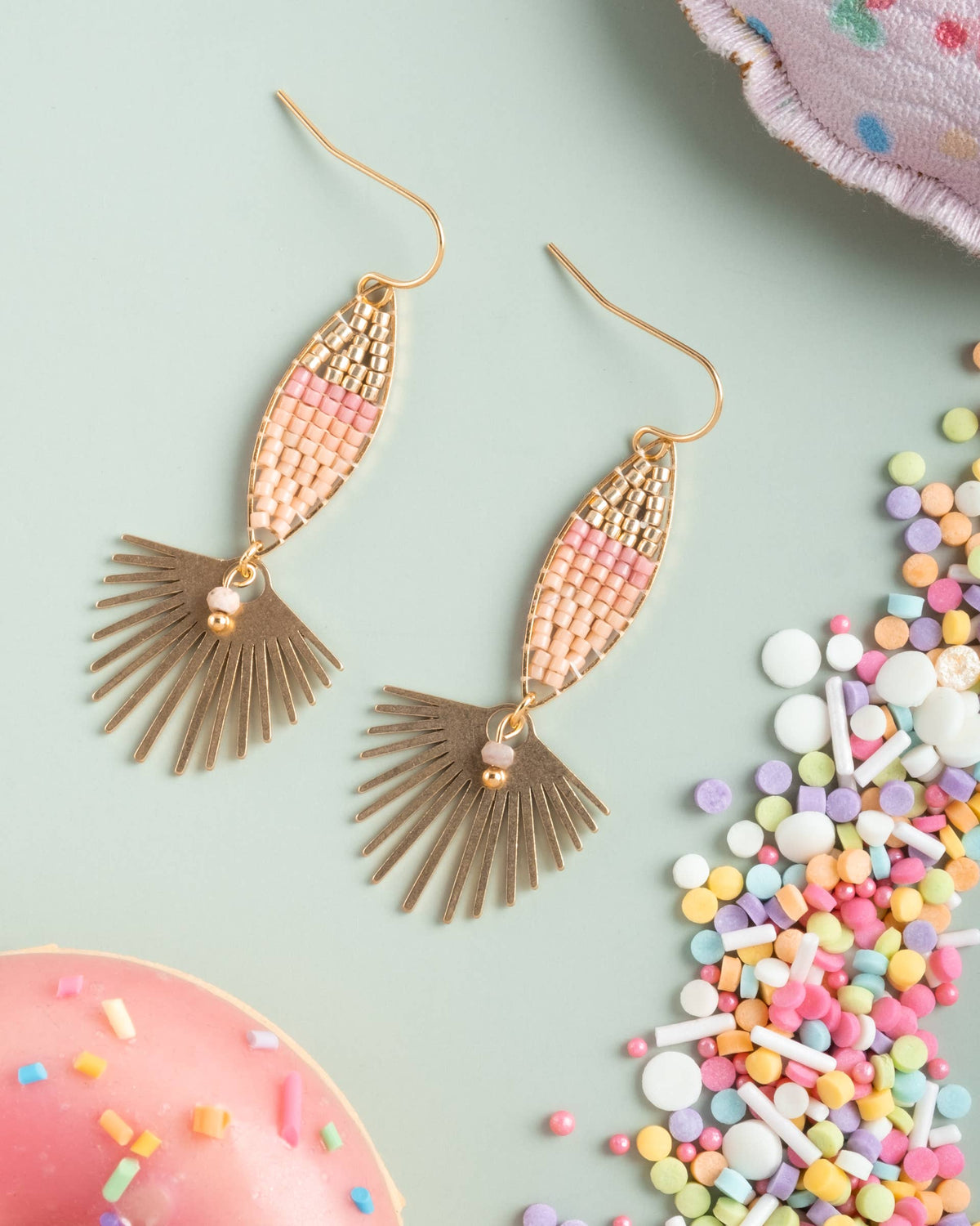 Beaded Handwoven Cotton Candy Dangle Earrings (Peach)