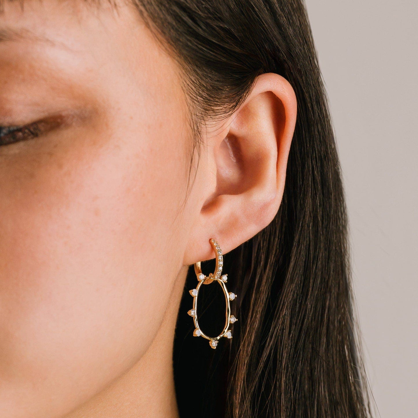 Circa Oval Drop Hoop Earrings | Gold Earrings | CZ Hoops