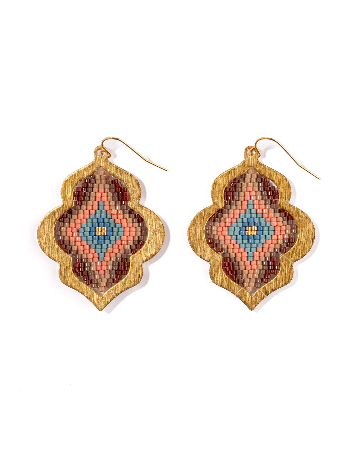 Beaded Handwoven Window Drop Earring (Green/Pink)