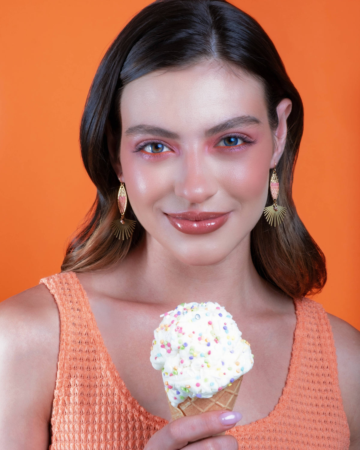 Beaded Handwoven Cotton Candy Dangle Earrings (Peach)
