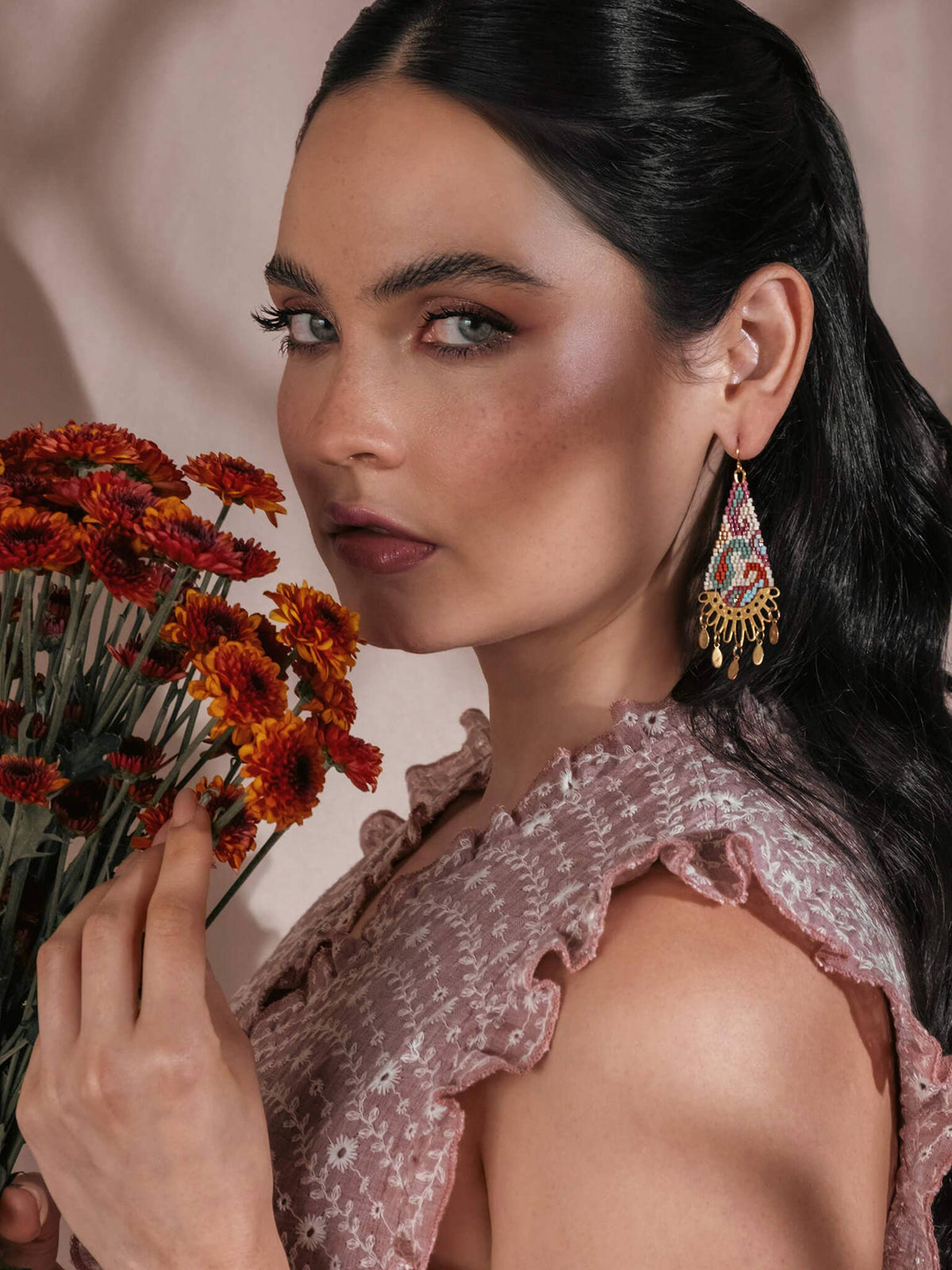 Beaded Handwoven Paisley Drop Earring (Pink)