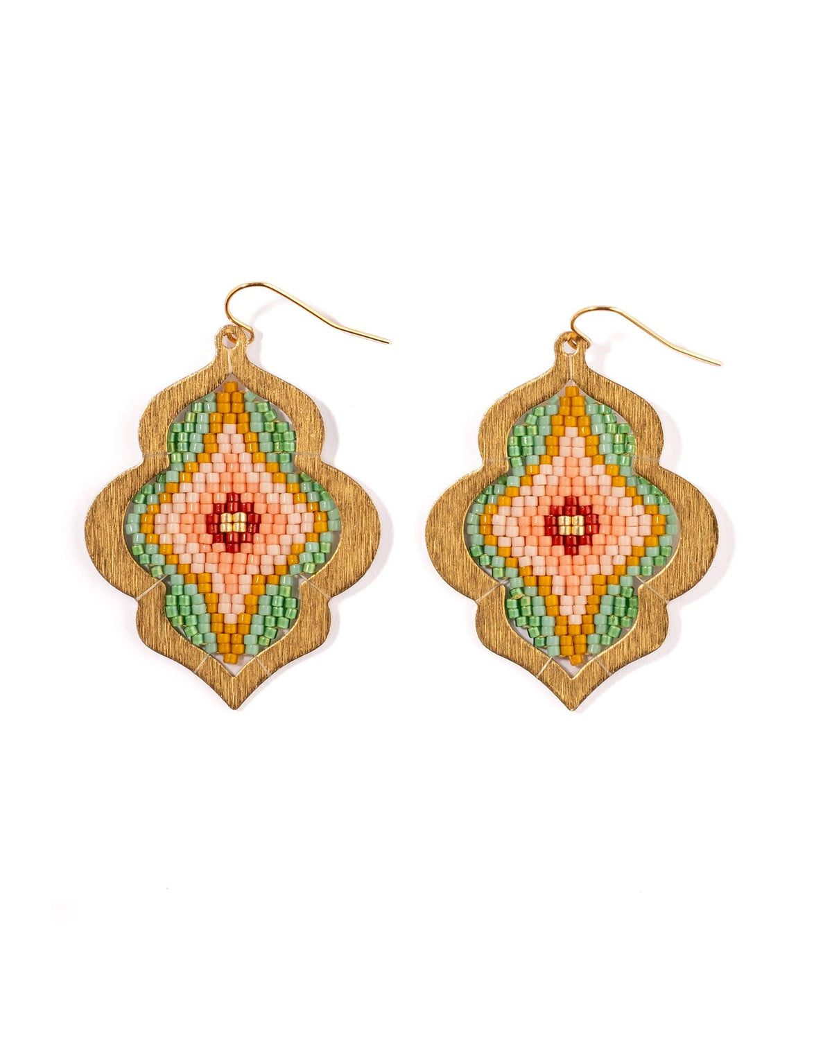 Beaded Handwoven Window Drop Earring (Green/Pink)