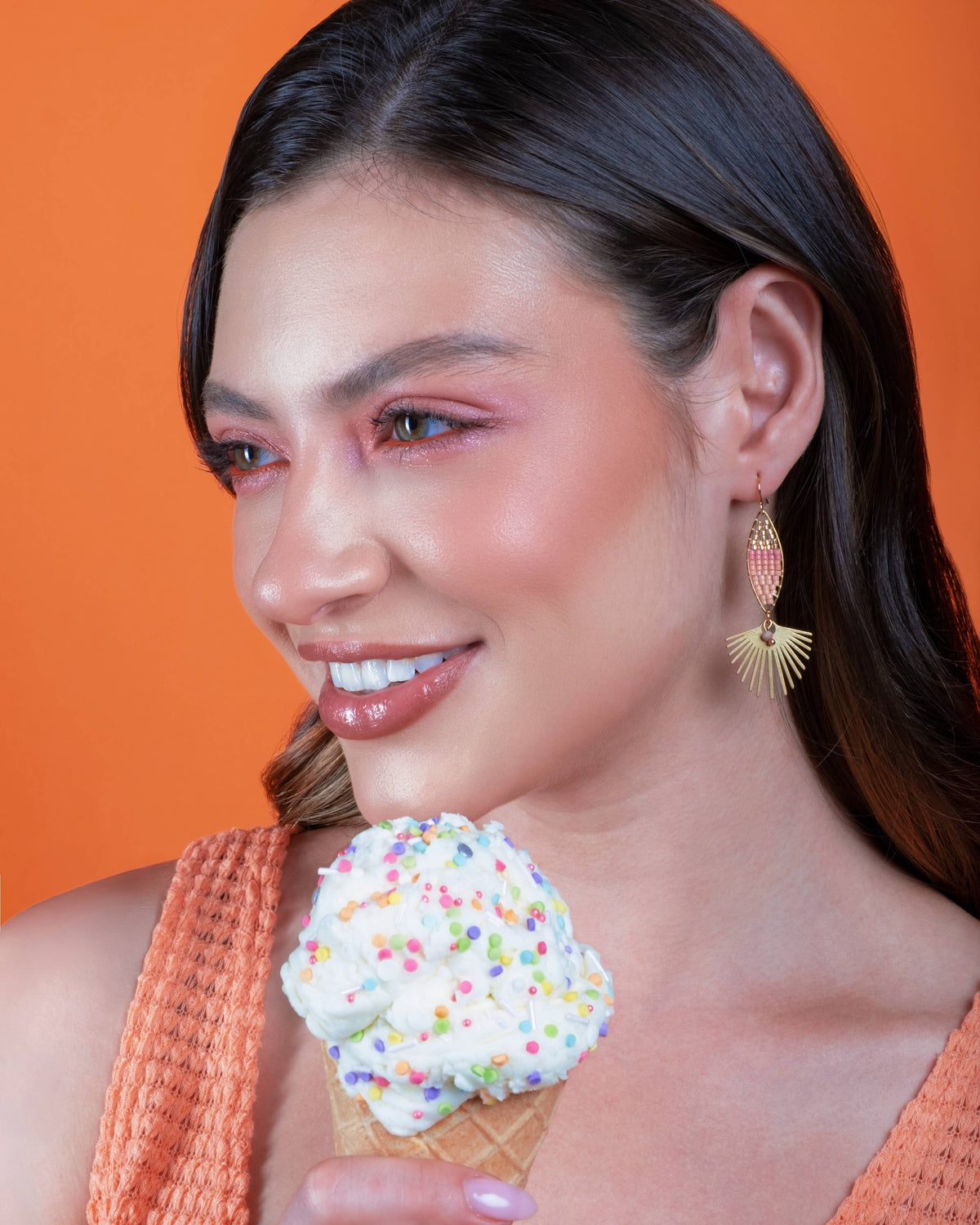 Beaded Handwoven Cotton Candy Dangle Earrings (Peach)