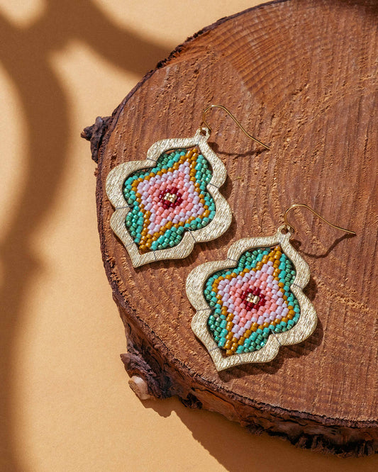 Beaded Handwoven Window Drop Earring (Green/Pink)